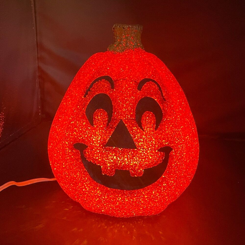 Vintage Seasons Lighted Jack O Lantern Pumpkin Halloween Melted Popcorn 9.25"